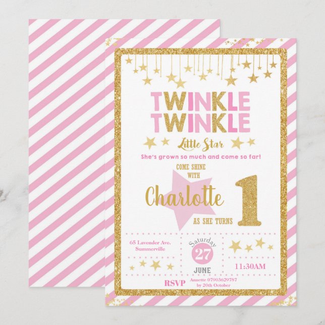Twinkle Little Star 1er Birthday Invitation Girl (Devant / Derrière)