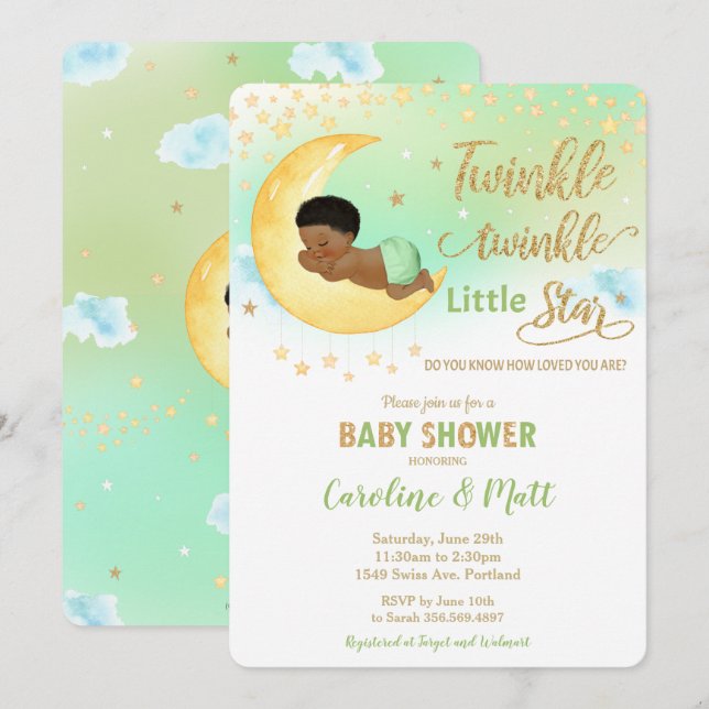 Twinkle Little Star African Baby Shower Neutral Einladung (Vorne/Hinten)