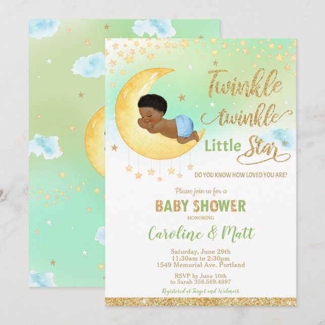Twinkle Little Star Baby Dusche Afroamerikaner Einladung (Vorne/Hinten)
