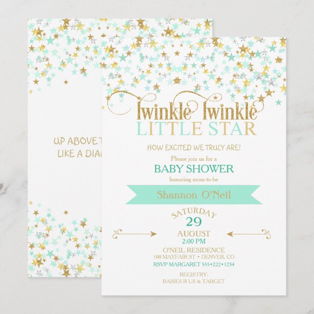 Twinkle Little Star Baby Dusche Gold & Mint Einladung (Vorne/Hinten)