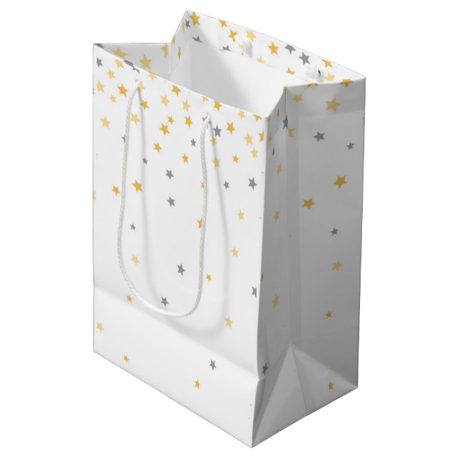 Twinkle Little Star Baby Dusche Grau und Gelb Mittlere Geschenktüte (Vorderseite Schrägansicht)