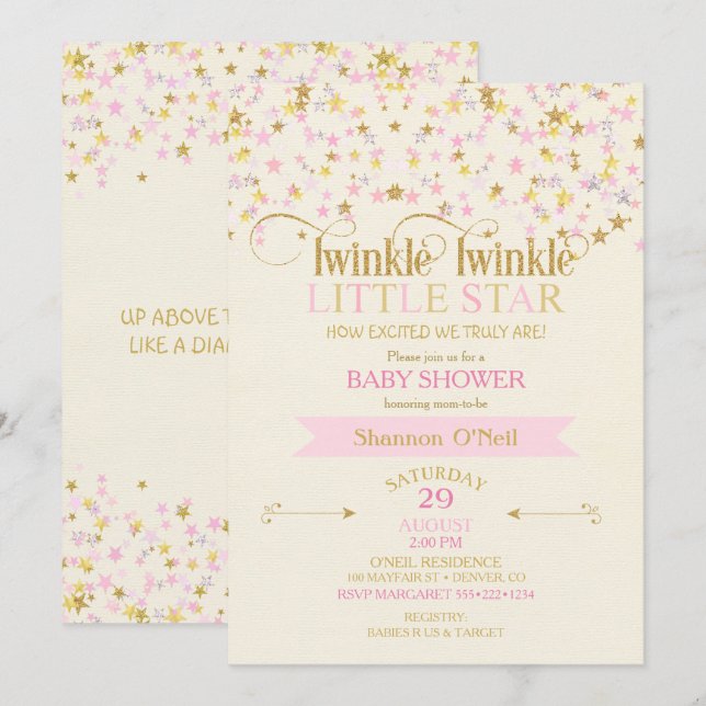 Twinkle Little Star Baby Dusche Pink Gold Creme Einladung (Vorne/Hinten)
