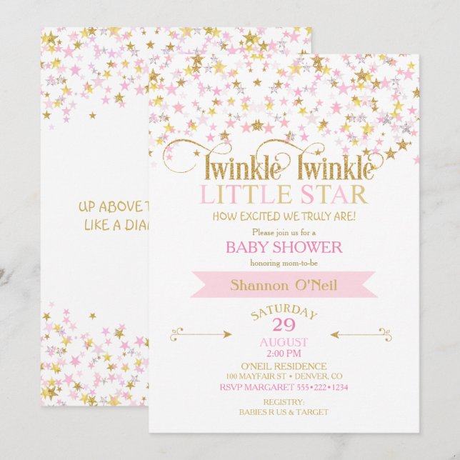 Twinkle Little Star Baby Dusche Pink Gold Einladung (Vorne/Hinten)