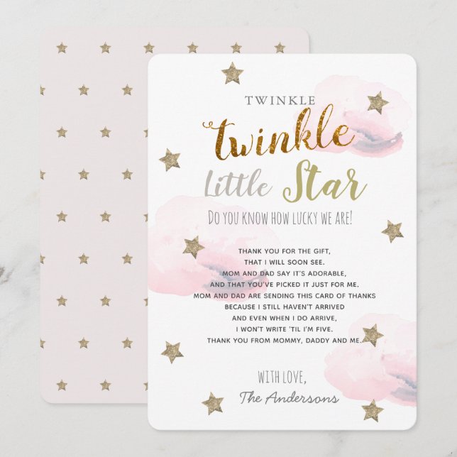 Twinkle Little Star Baby Dusche Pink Vielen Dank Einladung (Vorne/Hinten)