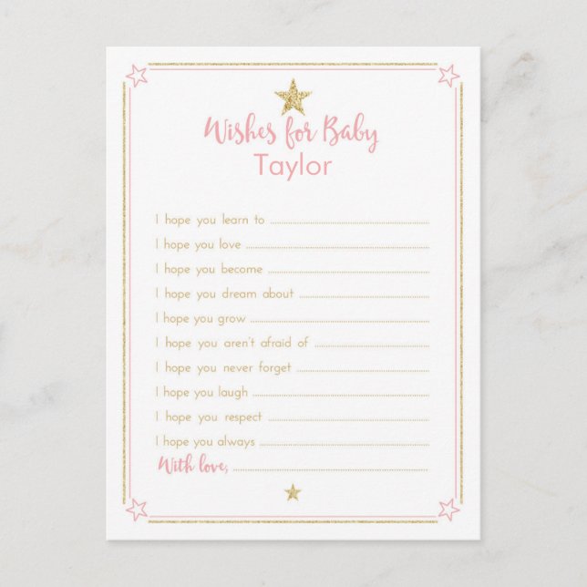Twinkle Little Star Baby Dusche Wünsche, Pink Gold Hinweiskarte (Vorderseite)