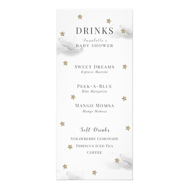 Twinkle Little Star Baby Shower Gray Drink Memu Werbekarte (Vorne)