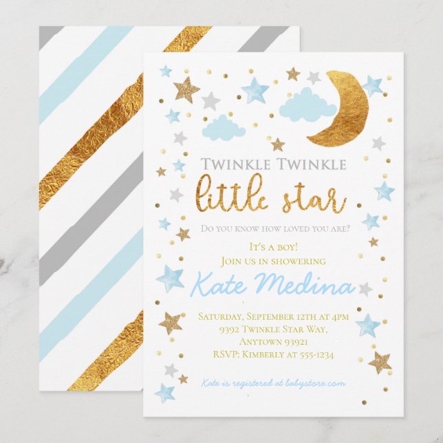 Twinkle Little Star Baby shower Invitation garçon  (Devant / Derrière)
