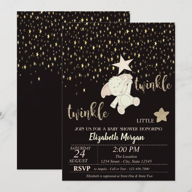 Twinkle Little Star Black, Gold, Bear Baby Dusche Einladung (Vorne/Hinten)