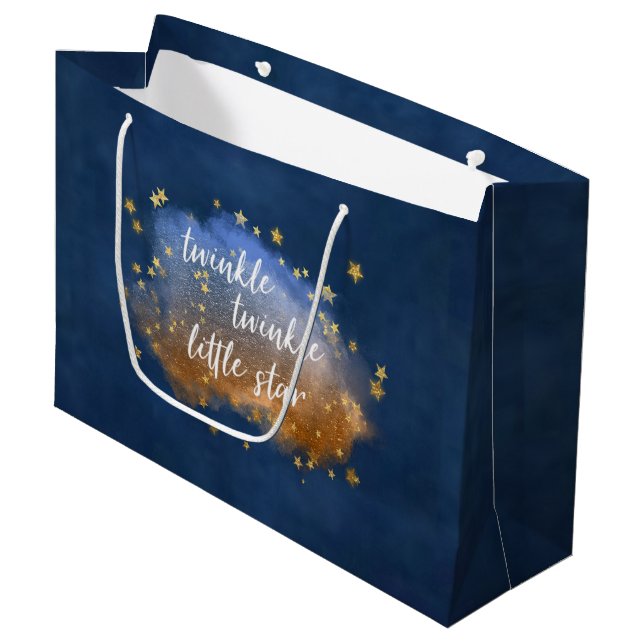 Twinkle Little Star | Blaue Kupfer-Goldstaub Große Geschenktüte (Vorderseite Schrägansicht)