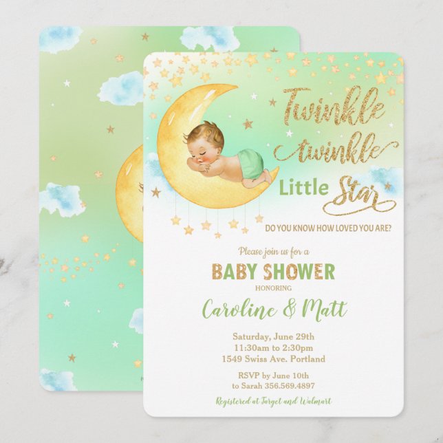 Twinkle Little Star Blonde Baby Dusche Neutral Einladung (Vorne/Hinten)