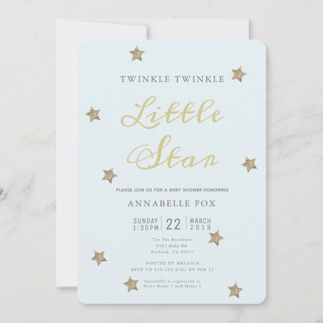 Twinkle Little Star Blue Baby Dusche Einladung (Vorderseite)