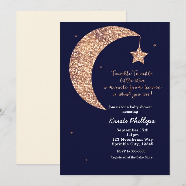 Twinkle Little Star Blue Bronze Moon Babydusche Einladung (Vorne/Hinten)