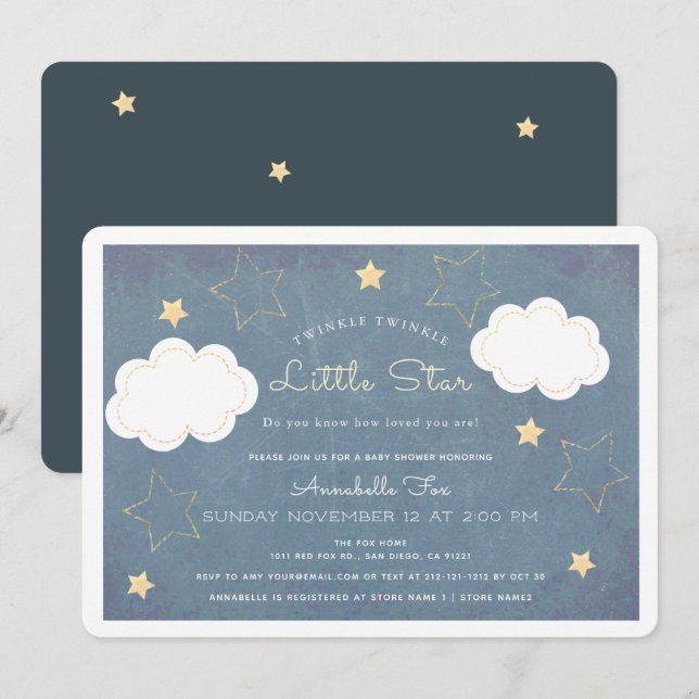 Twinkle Little Star Blue Chalkboard Baby Dusche Einladung (Vorne/Hinten)
