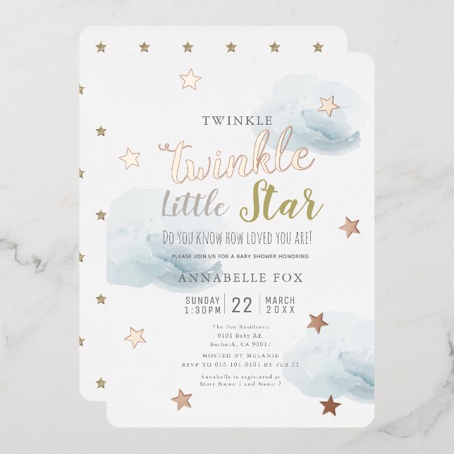 Twinkle Little Star Blue Clouds Baby Dusche Folieneinladung (Vorderseite/Rückseite)