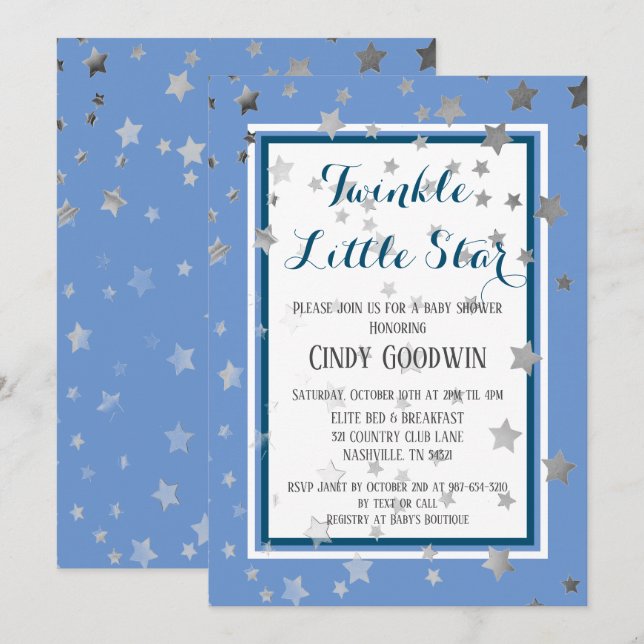 Twinkle Little Star Blue Silver Stars Baby Dusche Einladung (Vorne/Hinten)