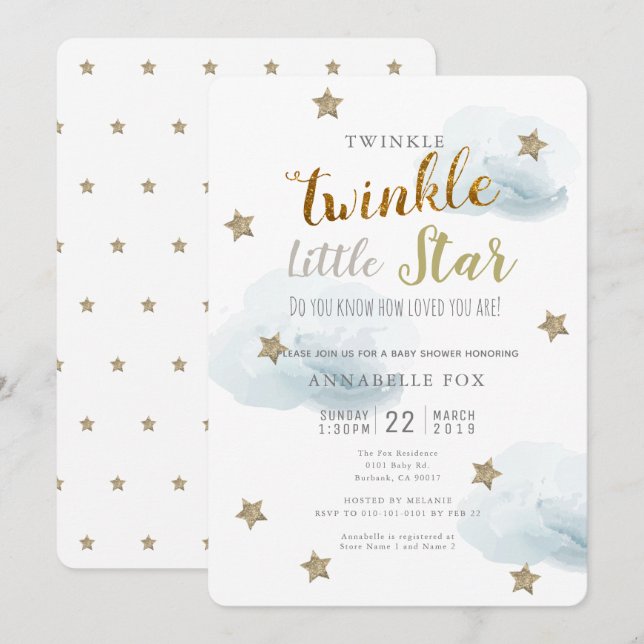 Twinkle Little Star & Cloud Baby Dusche Einladung (Vorne/Hinten)