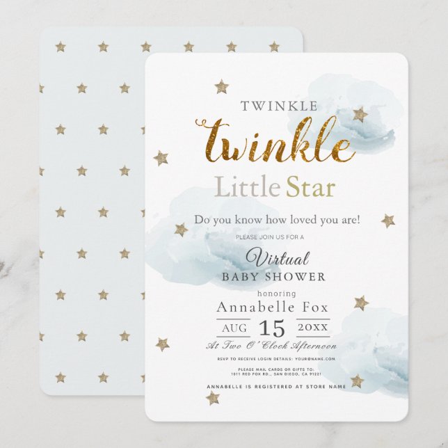 Twinkle Little Star Cloud Blue Virtual Baby Dusche Einladung (Vorne/Hinten)