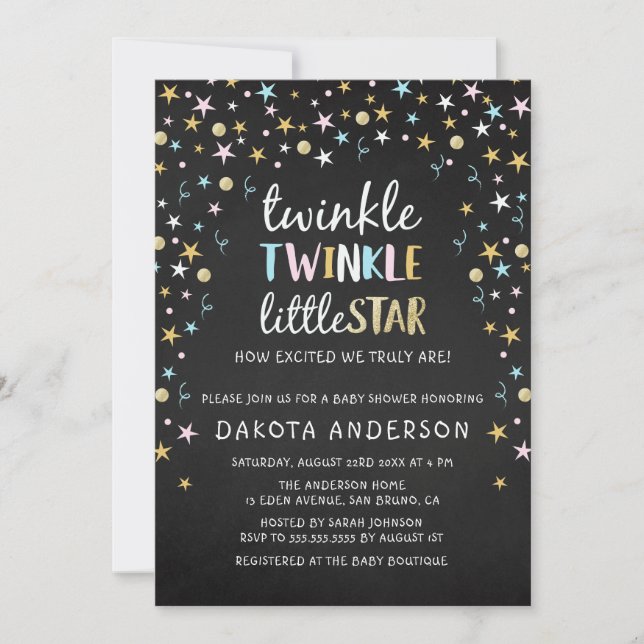 Twinkle Little Star Confetti & Chalk Baby Dusche Einladung (Vorderseite)