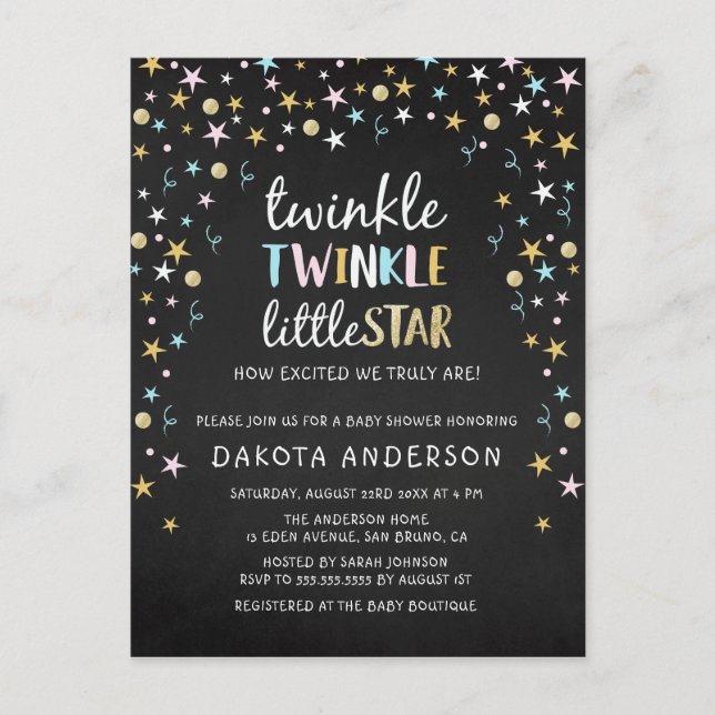 Twinkle Little Star Confetti & Chalk Baby Dusche Einladungspostkarte (Vorderseite)