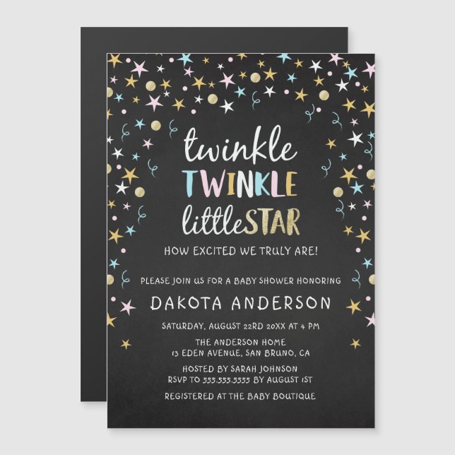 Twinkle Little Star Confetti & Chalk Babydusche Magneteinladung (Vorne/Hinten)