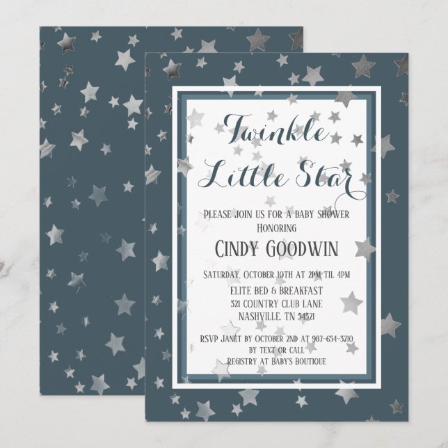 Twinkle Little Star Dusty Blue Boy Baby Dusche Einladung (Vorne/Hinten)