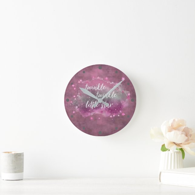 Twinkle Little Star | Dusty Mauve Pink Silver Gray Runde Wanduhr (Zuhause)