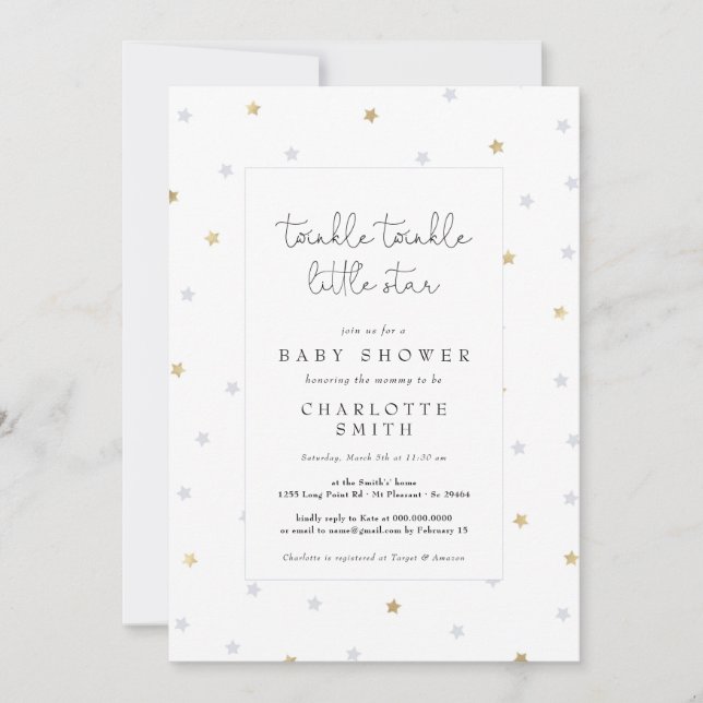 Twinkle Little Star Elegant Baby Shower Gray Gold Einladung (Vorderseite)