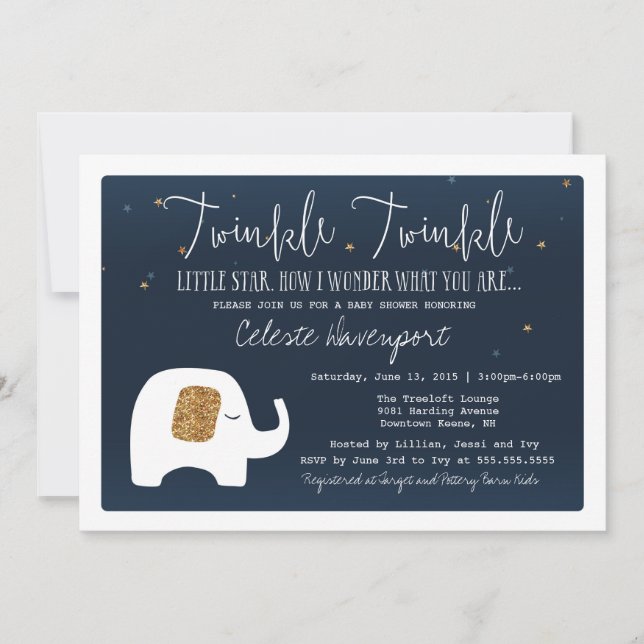 Twinkle Little Star Elephant Baby Dusche einladen Einladung (Vorderseite)