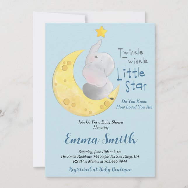 Twinkle Little Star Elephant Baby Dusche Einladung (Vorderseite)