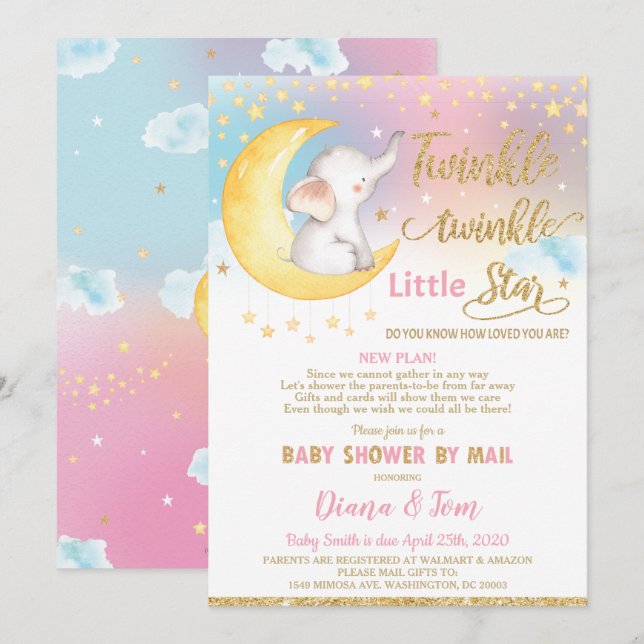 Twinkle Little Star Elephant Baby Dusche von Mail Einladung (Vorne/Hinten)