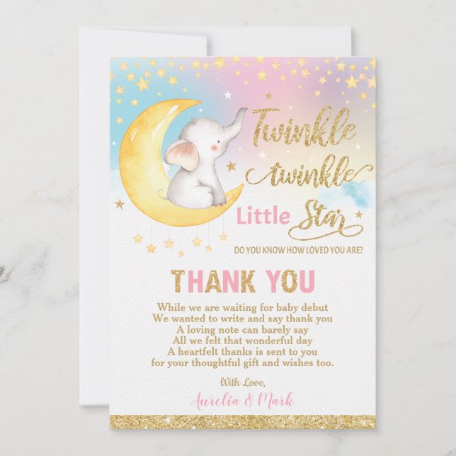 Twinkle Little Star Elephant Baby Girl Dankeskarte (Vorderseite)