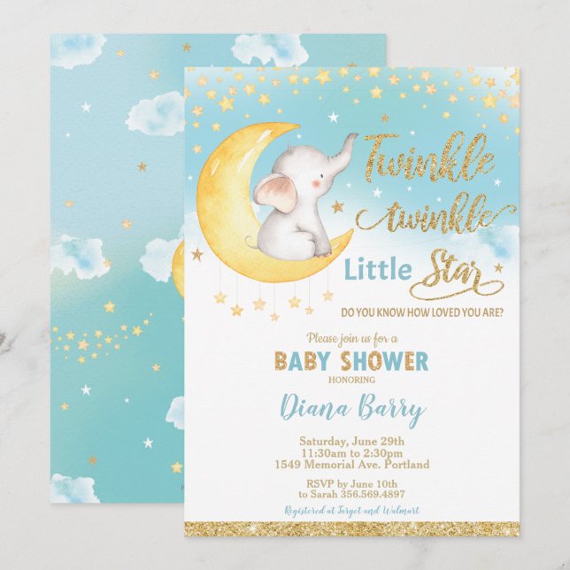 Twinkle Little Star Elephant Baby Shower Boy Einladung (Vorne/Hinten)