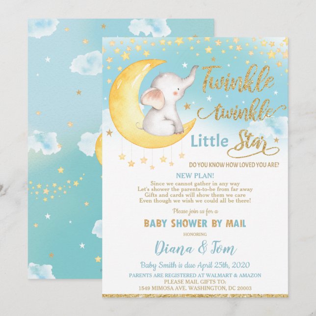 Twinkle Little Star Elephant Babydusche von Mail Einladung (Vorne/Hinten)