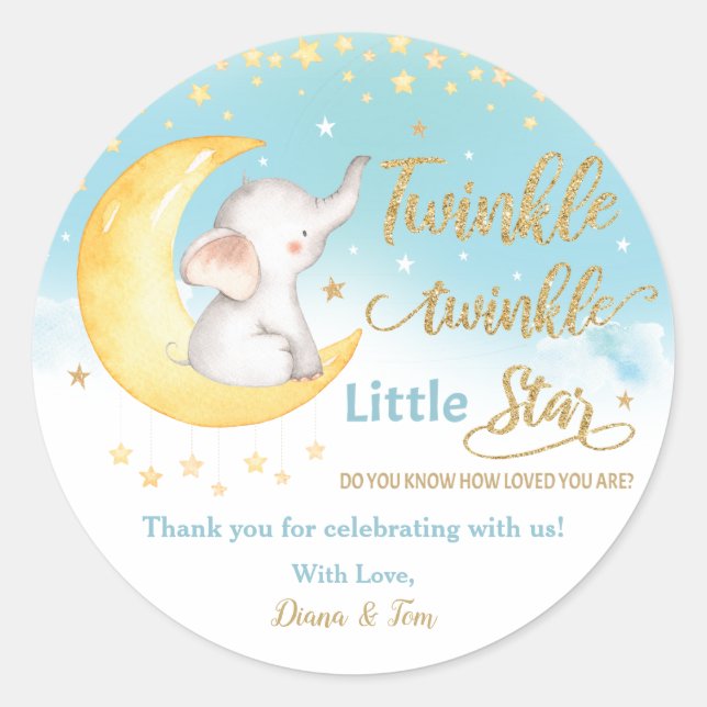 Twinkle Little Star Elephant Blue Boy Gefallen Vie Runder Aufkleber (Vorderseite)