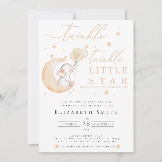 Twinkle Little Star Elephant Yellow Baby Dusche Einladung (Vorderseite)