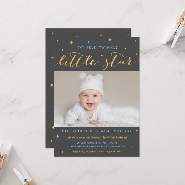Twinkle Little Star Erster Geburtstag Einladungsju Einladung (Vorderseite/Rückseite Beispiel)