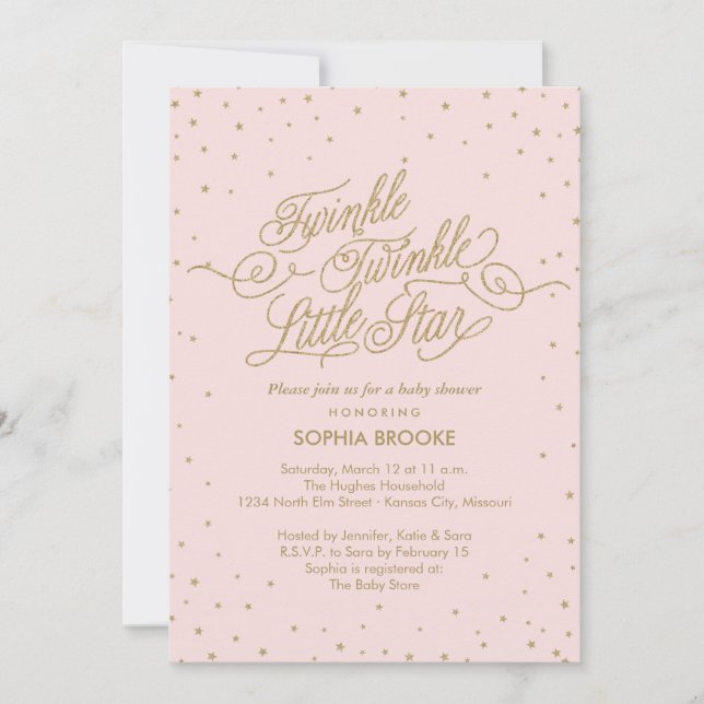 Twinkle Little Star Extravagant Gold & Pink Baby D Einladung (Vorderseite)