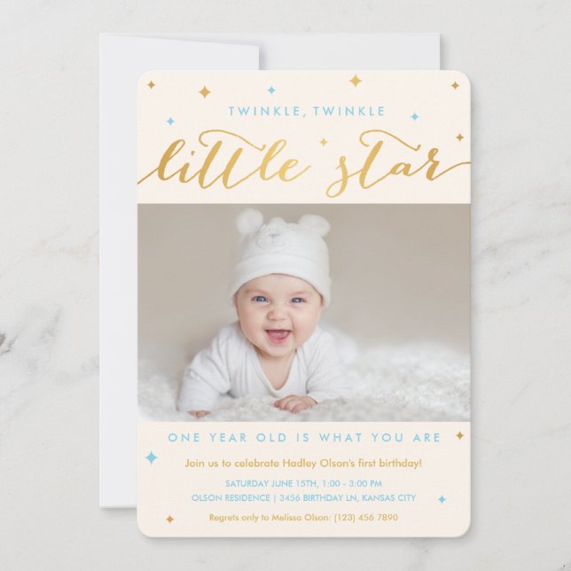Twinkle Little Star First Birthday Invitation Boy (Devant)