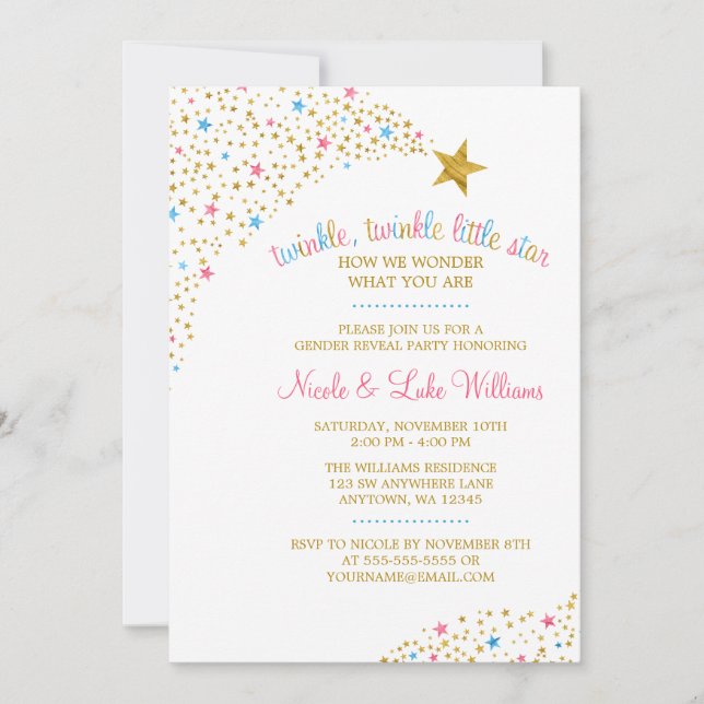 Twinkle Little Star Gender Reveal Baby Shower Einladung (Vorderseite)