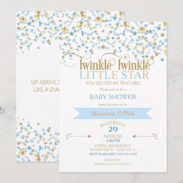 Twinkle Little Star Gold & Baby Blue Einladung (Vorne/Hinten)