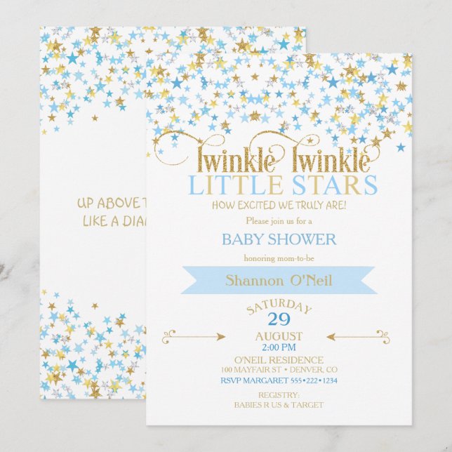 Twinkle Little Star Gold & Baby Blue Twins Einladung (Vorne/Hinten)