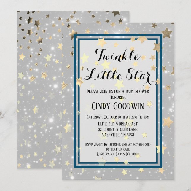 Twinkle Little Star Gold Glitzer Baby Dusche Einladung (Vorne/Hinten)