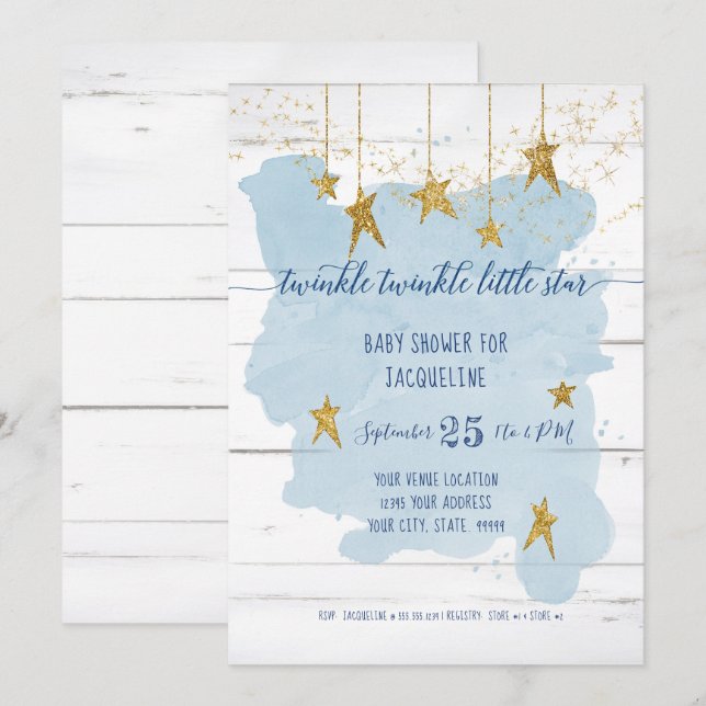 Twinkle Little Star Gold Wood Boy Baby Dusche Einladung (Vorne/Hinten)