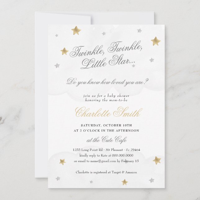 Twinkle Little Star Gray Gold Elegante Baby Dusche Einladung (Vorderseite)