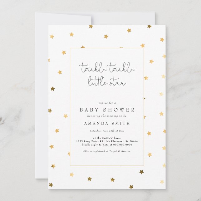 Twinkle Little Star Imitats Gold Elegante Babydusc Einladung (Vorderseite)