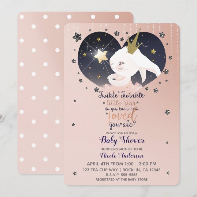 Twinkle Little Star Kaninchen Peach Baby Dusche Einladung (Vorne/Hinten)