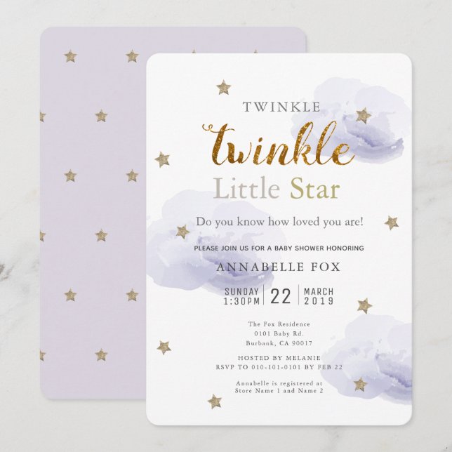 Twinkle Little Star Lavender Baby Dusche Einladung (Vorne/Hinten)