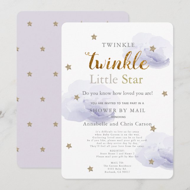 Twinkle Little Star Lavender Baby Dusche von Mail Einladung (Vorne/Hinten)