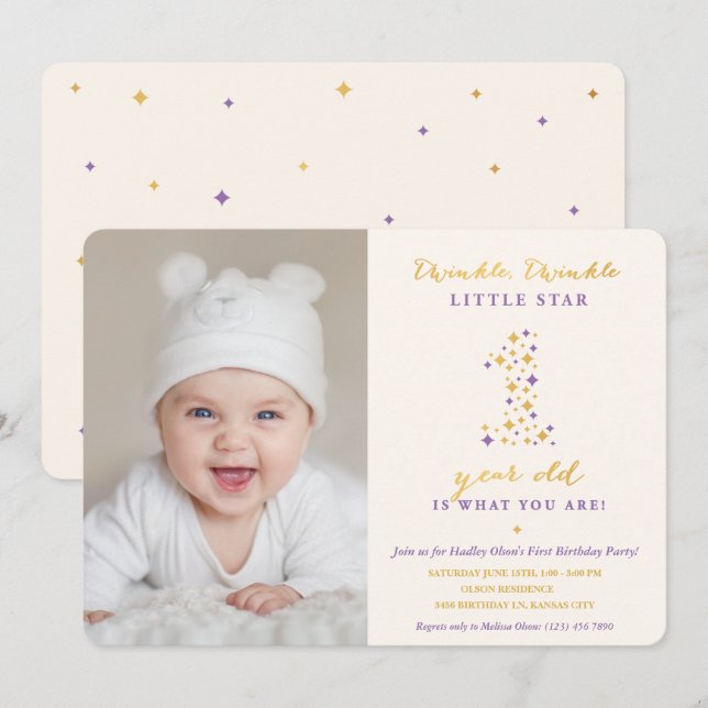 Twinkle Little Star Lavender & Gold Erster Geburts Einladung (Vorne/Hinten)
