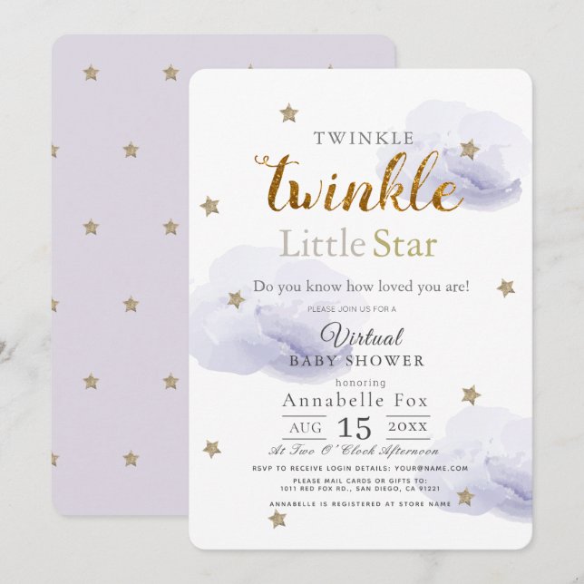 Twinkle Little Star Lavender Virtual Baby Dusche Einladung (Vorne/Hinten)